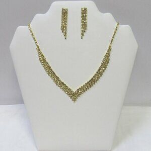 Gold Rhinestone Necklace & Earrings Set Bridal Wedding Prom Evening Formal